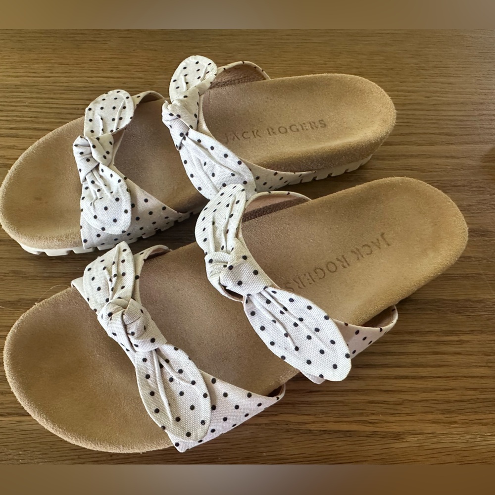 Jack Rogers White Polka Dot double bow Slides size 8